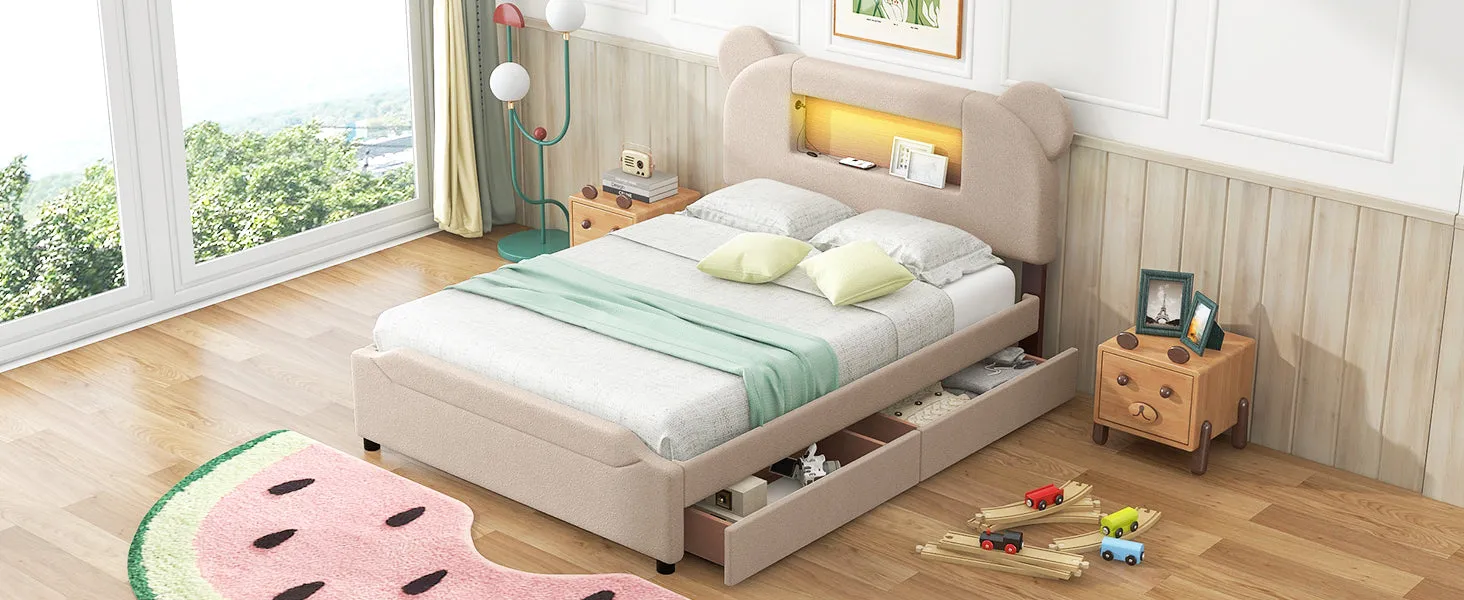 Full Size Upholstered Storage Platform Bed with Cartoon Ears Shaped Headboard, LED and USB, Beige