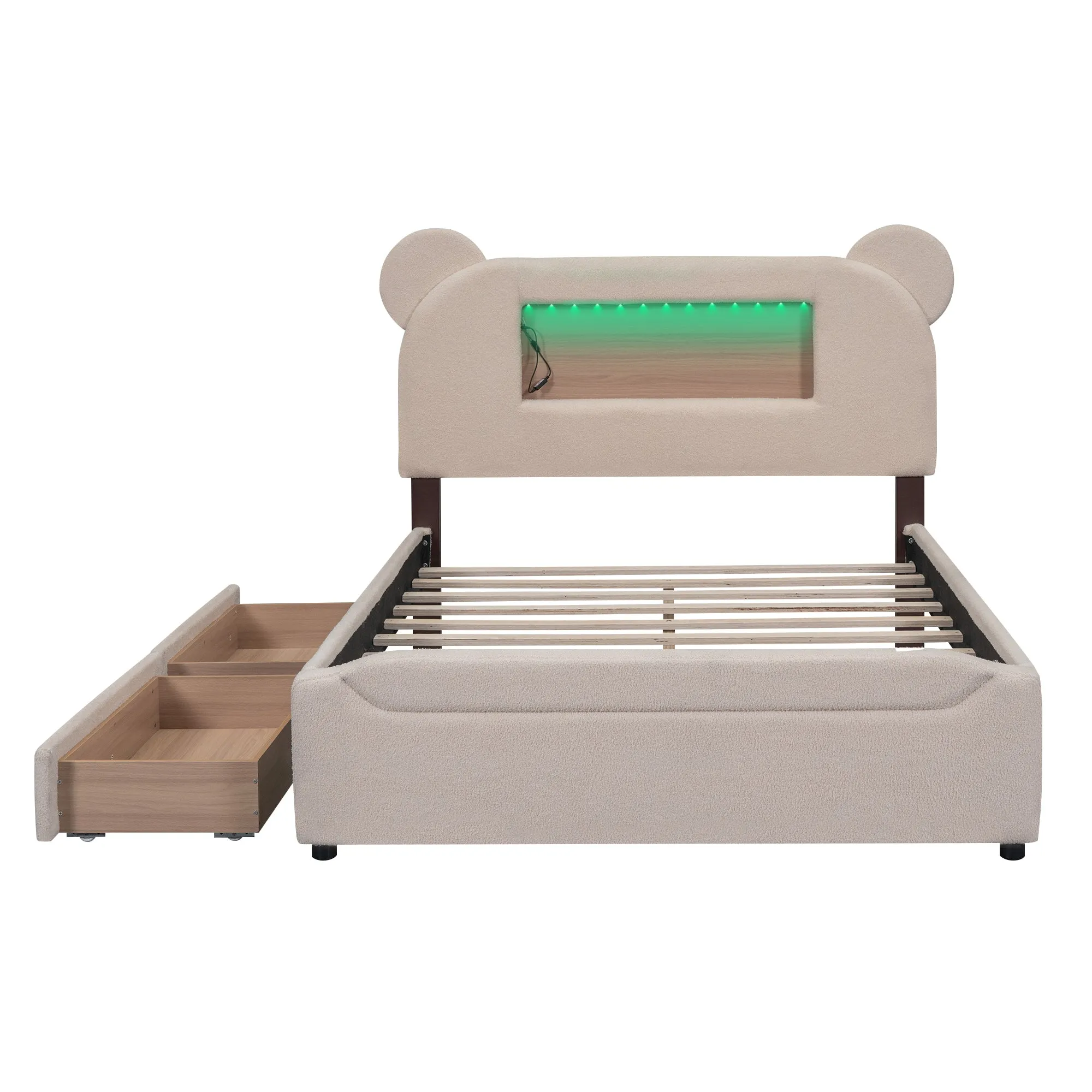 Full Size Upholstered Storage Platform Bed with Cartoon Ears Shaped Headboard, LED and USB, Beige