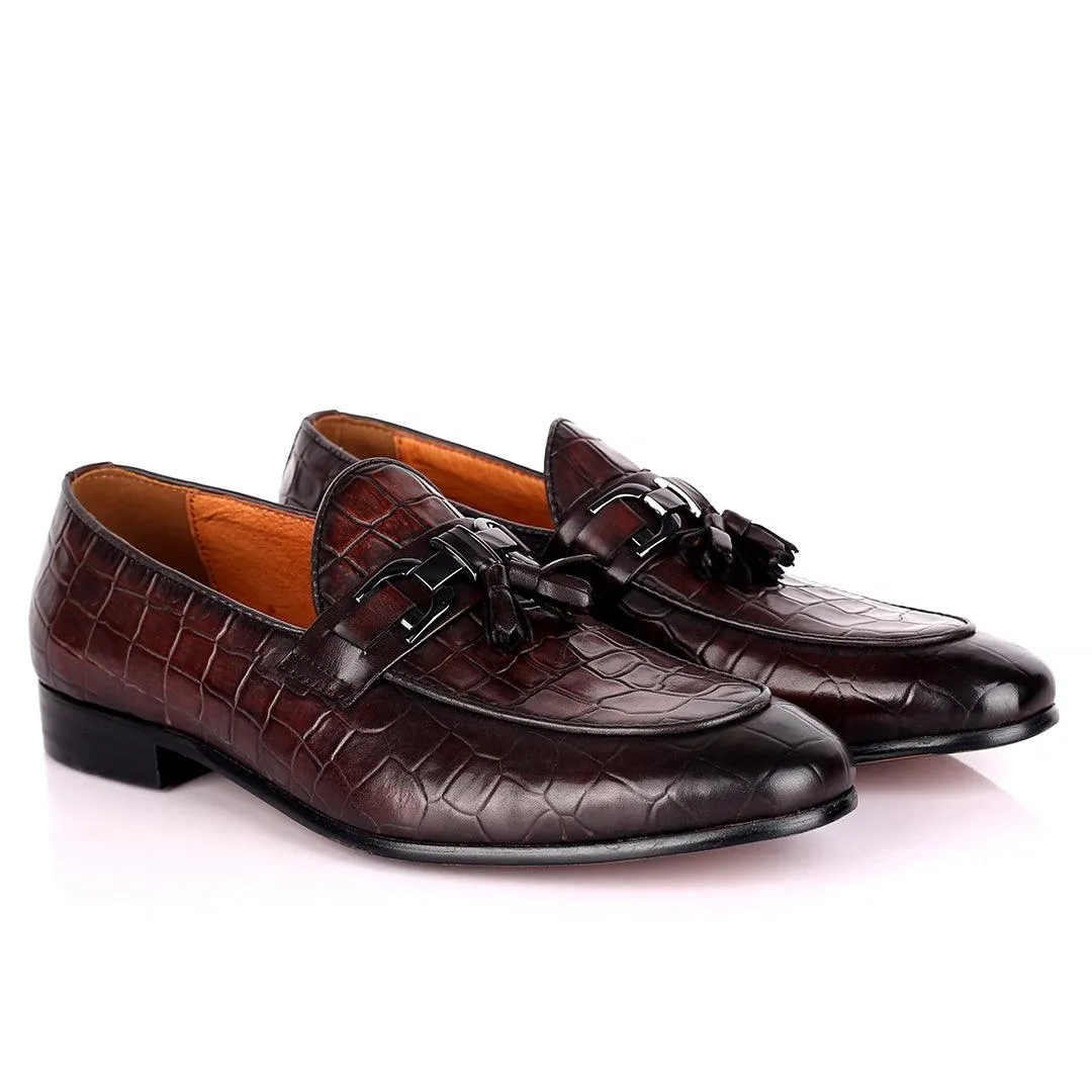 Gian Classic Tassel And Croc Designed Coffee Leather Shoe