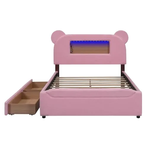 Harper & Bright Designs Full Size Upholstered Storage Platform Bed with Drawers, Cartoon Ears Headboard, LED and USB, Wood Slat Support,No Box Spring Needed,Easy Assembly, Berber Fleece, Pink