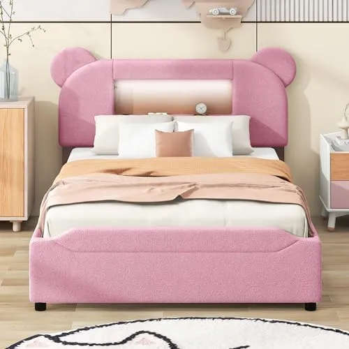 Harper & Bright Designs Full Size Upholstered Storage Platform Bed with Drawers, Cartoon Ears Headboard, LED and USB, Wood Slat Support,No Box Spring Needed,Easy Assembly, Berber Fleece, Pink