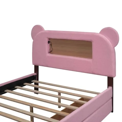 Harper & Bright Designs Full Size Upholstered Storage Platform Bed with Drawers, Cartoon Ears Headboard, LED and USB, Wood Slat Support,No Box Spring Needed,Easy Assembly, Berber Fleece, Pink