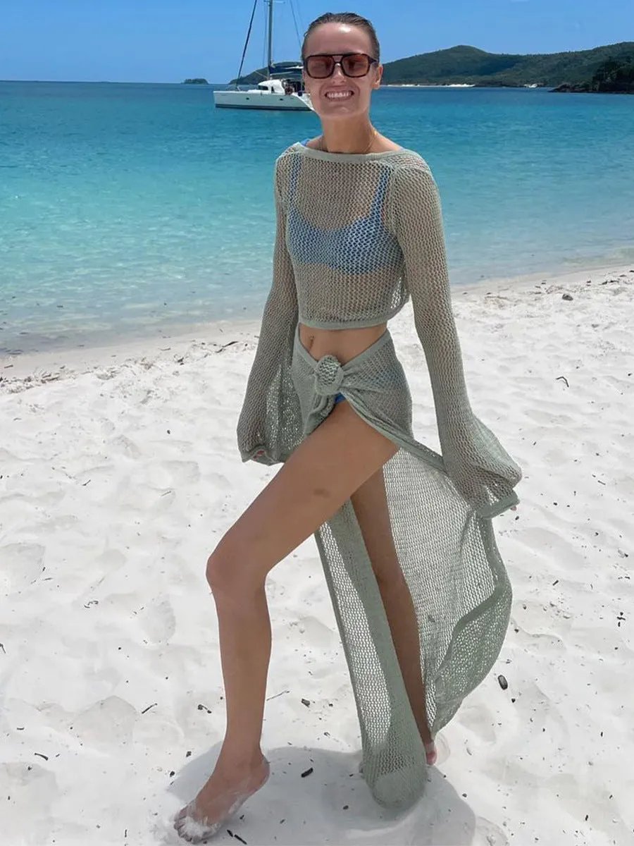 Hollow out Long Sleeve Knitted Two-Piece Short Top  Cross Border Beach Seaside Sexy Lace-up Skirt Suit