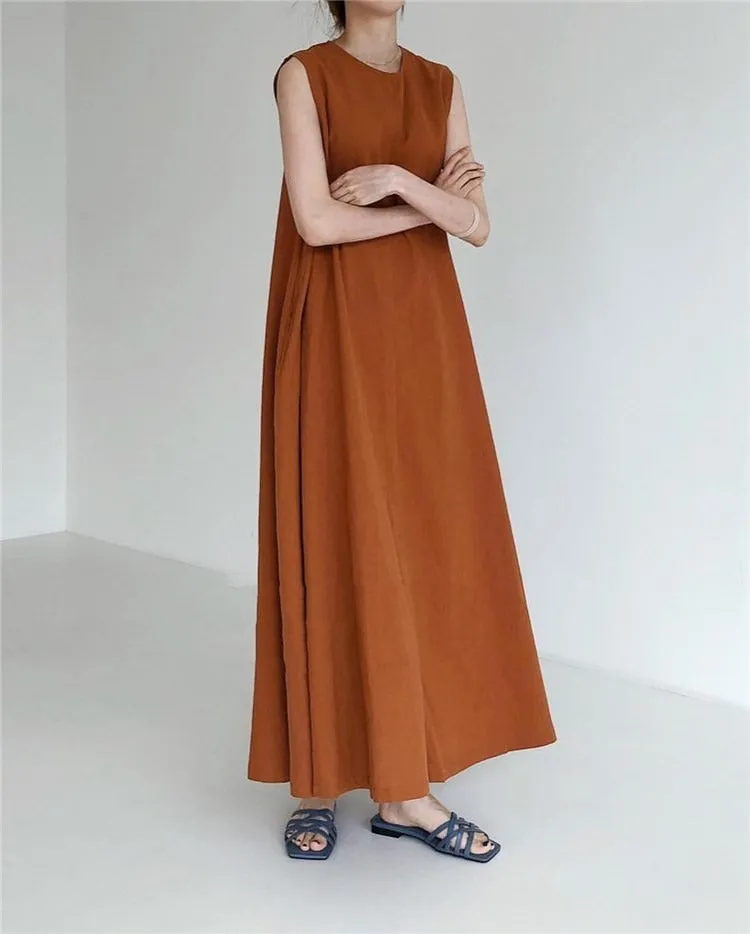 IKEARLAX Cross-Border Hot Sale  Summer Japanese and Korean Chic Casual Simple Loose Big Hem Sleeveless Long Cotton Linen Dress Women