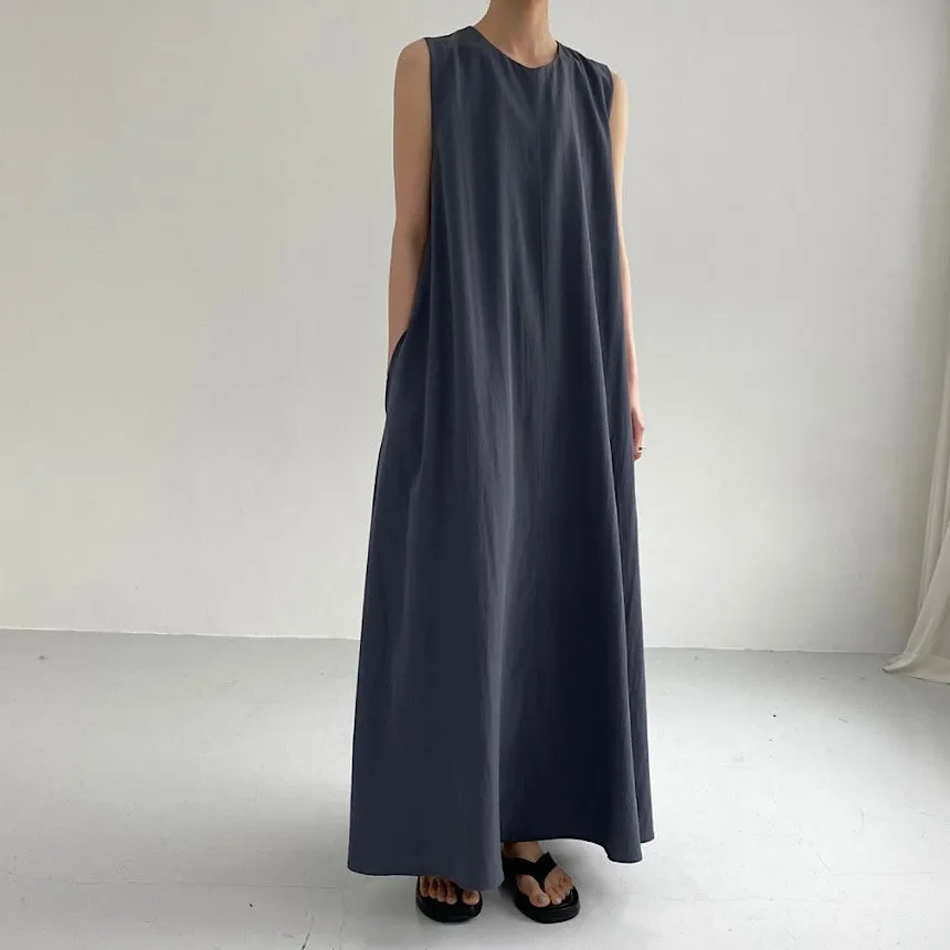 IKEARLAX Cross-Border Hot Sale  Summer Japanese and Korean Chic Casual Simple Loose Big Hem Sleeveless Long Cotton Linen Dress Women