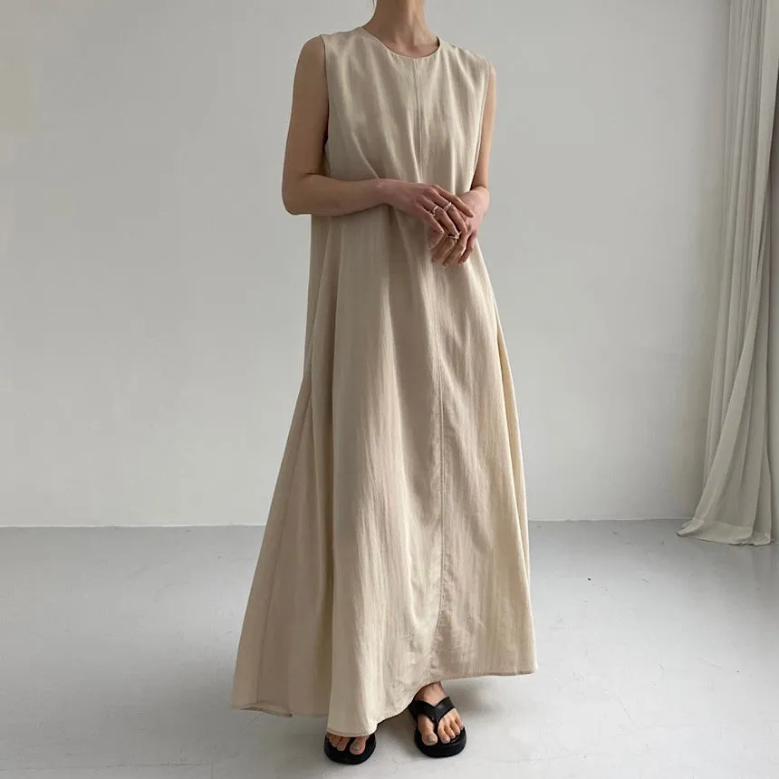 IKEARLAX Cross-Border Hot Sale  Summer Japanese and Korean Chic Casual Simple Loose Big Hem Sleeveless Long Cotton Linen Dress Women