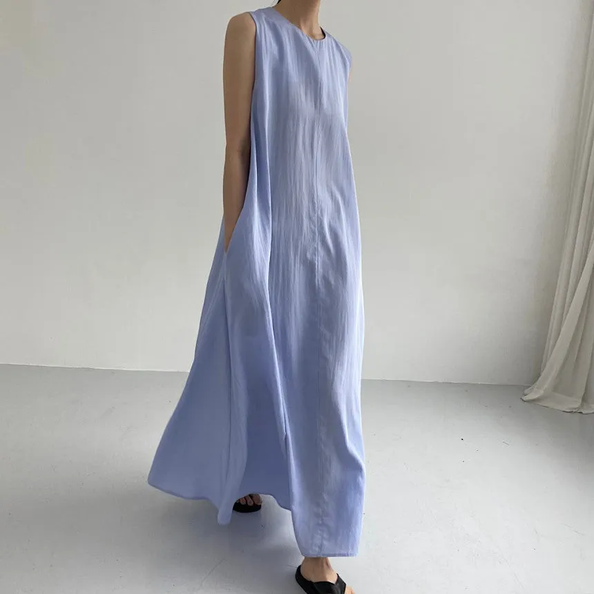 IKEARLAX Cross-Border Hot Sale  Summer Japanese and Korean Chic Casual Simple Loose Big Hem Sleeveless Long Cotton Linen Dress Women