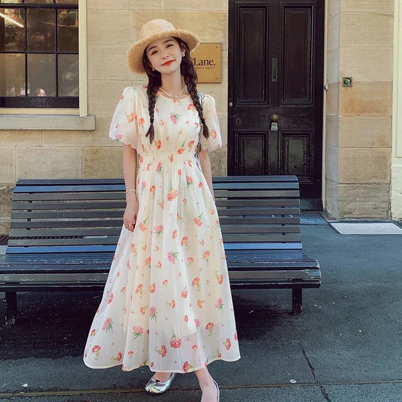 IKEARLAX Real Shot  Tea Break Floral Dress Female Small Super Fairy Mori Style Cinched Slimming Long Dress Cross-Border