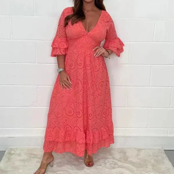 IKEARLAX Wish Independent Station Cross-Border New Arrival Fashion Sexy Loose plus Size High Waist Embroidery Solid Color Dress Fashion