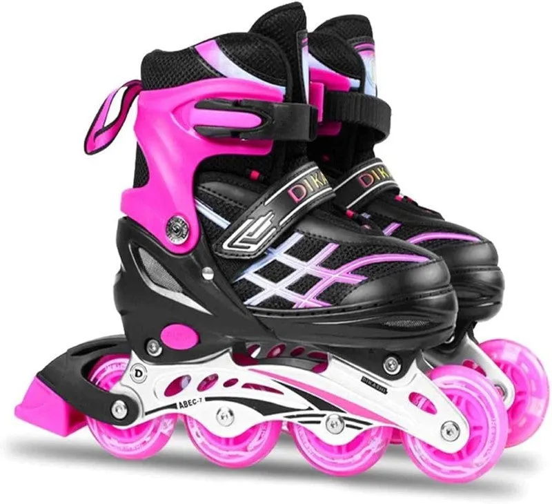 Kids Adjustable Inline Skates with Light Up Wheels Size33-37 Pink