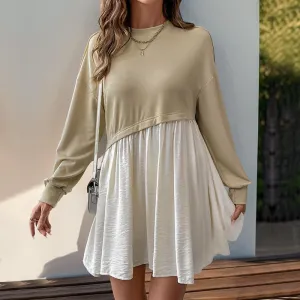 METAVERSMALL 2025 casual daily versatile long-sleeved dress autumn new round neck contrasting color splicing skirt