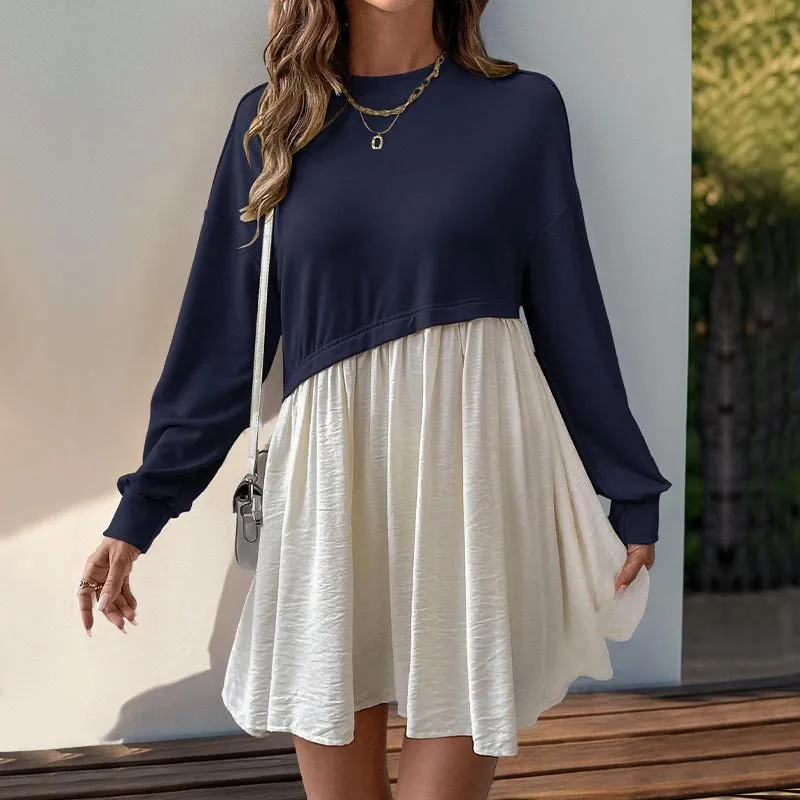 METAVERSMALL 2025 casual daily versatile long-sleeved dress autumn new round neck contrasting color splicing skirt