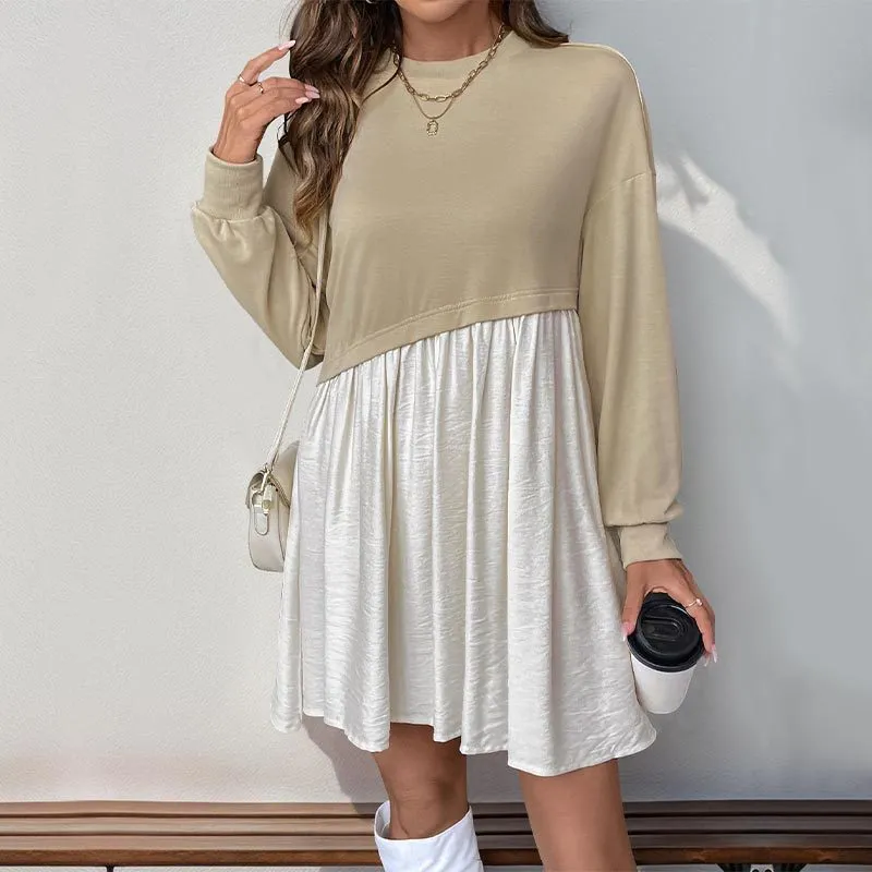 METAVERSMALL 2025 casual daily versatile long-sleeved dress autumn new round neck contrasting color splicing skirt