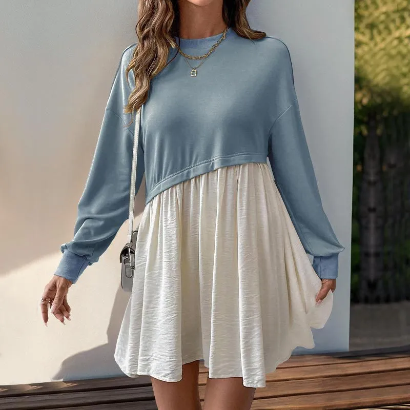 METAVERSMALL 2025 casual daily versatile long-sleeved dress autumn new round neck contrasting color splicing skirt