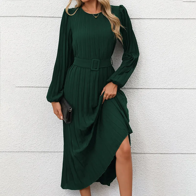 METAVERSMALL 2025 temperament women's new dress  foreign trade long sleeve pleated round neck high waist long dress women