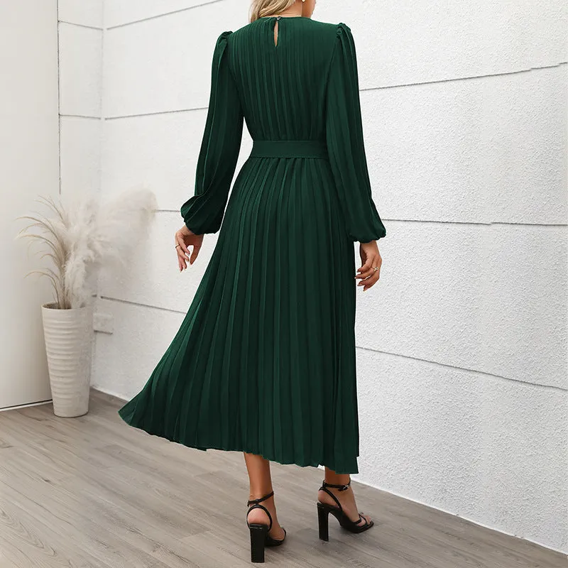 METAVERSMALL 2025 temperament women's new dress  foreign trade long sleeve pleated round neck high waist long dress women