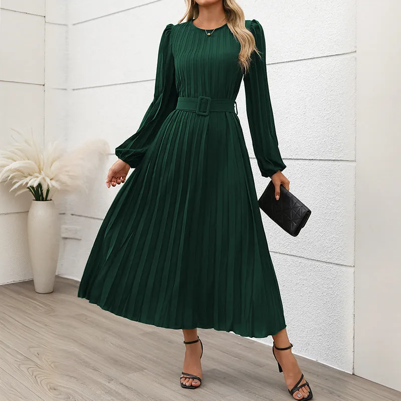 METAVERSMALL 2025 temperament women's new dress  foreign trade long sleeve pleated round neck high waist long dress women