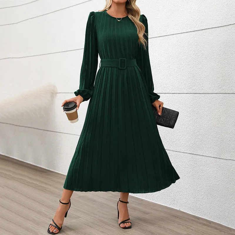 METAVERSMALL 2025 temperament women's new dress  foreign trade long sleeve pleated round neck high waist long dress women