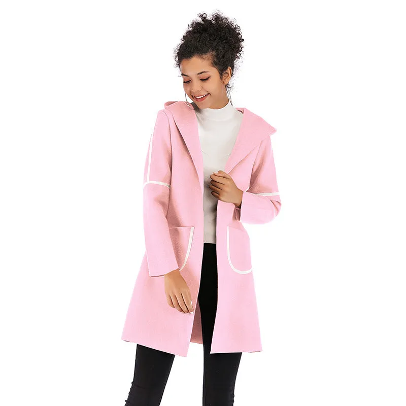 METAVERSMALL 2025 trade autumn and winter 2025 women's clothing medium and long hooded warm thickened woolen coat contrasting color cardigan jacket women