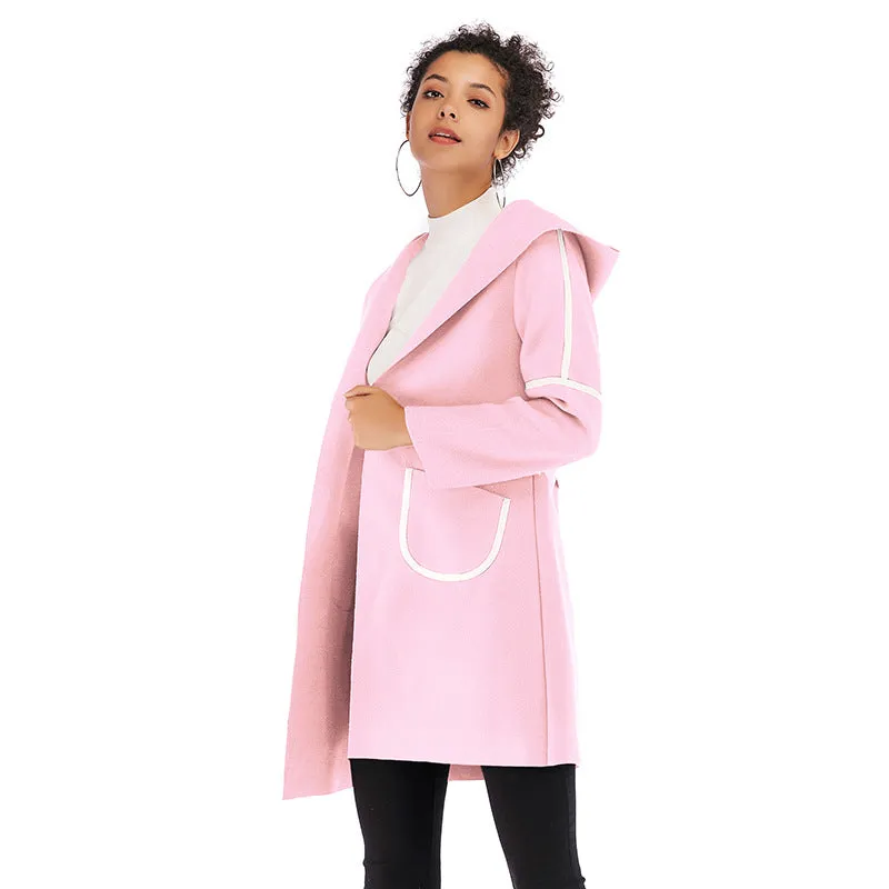 METAVERSMALL 2025 trade autumn and winter 2025 women's clothing medium and long hooded warm thickened woolen coat contrasting color cardigan jacket women