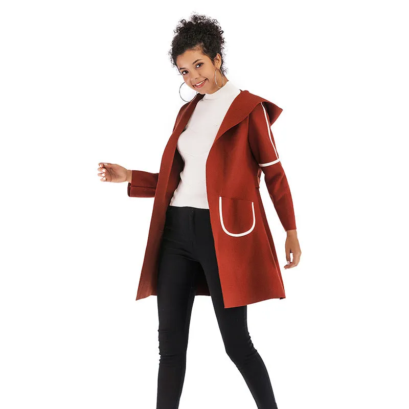 METAVERSMALL 2025 trade autumn and winter 2025 women's clothing medium and long hooded warm thickened woolen coat contrasting color cardigan jacket women