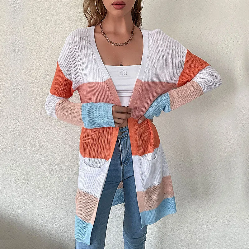 METAVERSMALL 2025 trade women's clothing 2023 new early autumn medium and long sweater jacket Japanese striped knitted cardigan