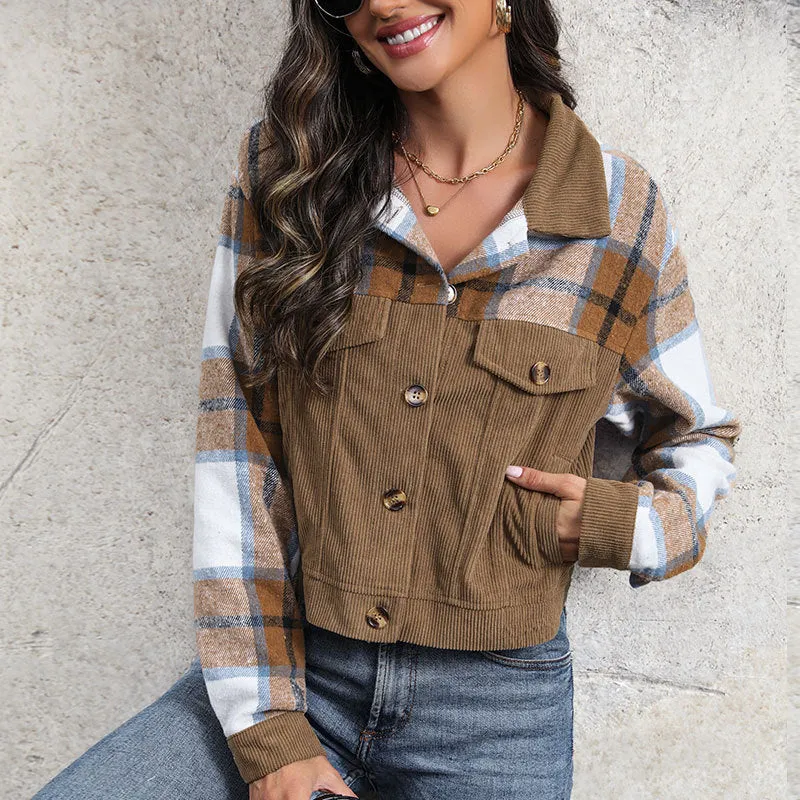 METAVERSMALL Europe, America and foreign trade New spring new corduroy plaid top  retro lapel splicing cardigan jacket women