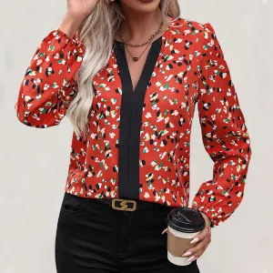 METAVERSMALL New 2025  foreign trade women's clothing spring and autumn comfortable casual long-sleeved top V-neck contrasting splicing blouse