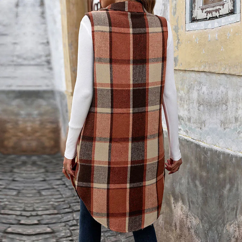 METAVERSMALL New autumn and winter new sleeveless lapel cardigan jacket 2025 foreign trade retro medium and long  plaid vest