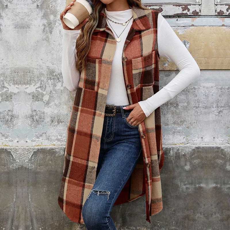 METAVERSMALL New autumn and winter new sleeveless lapel cardigan jacket 2025 foreign trade retro medium and long  plaid vest