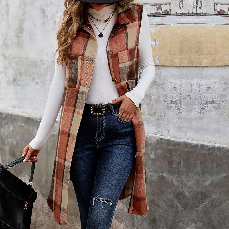 METAVERSMALL New autumn and winter new sleeveless lapel cardigan jacket 2025 foreign trade retro medium and long  plaid vest