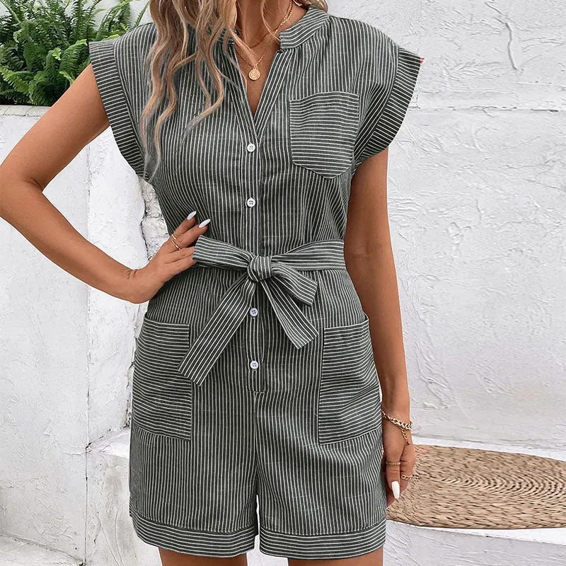 METAVERSMALL New Hot Trade 2025 Popular 2025 Summer Women's  Pinstriped Short Sleeve Jumpsuit Shorts