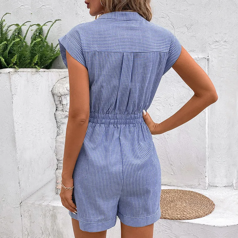 METAVERSMALL New Hot Trade 2025 Popular 2025 Summer Women's  Pinstriped Short Sleeve Jumpsuit Shorts