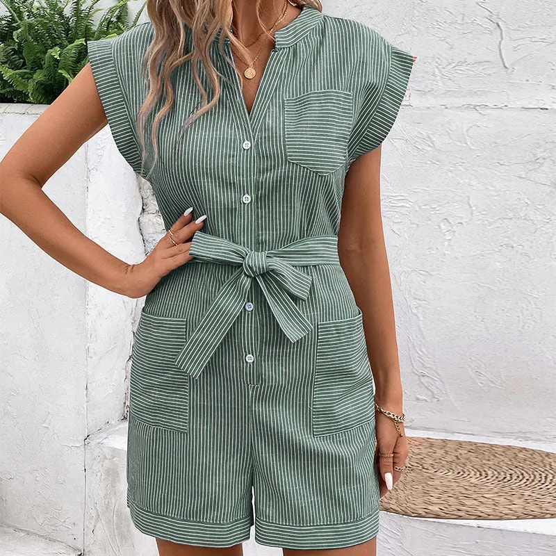 METAVERSMALL New Hot Trade 2025 Popular 2025 Summer Women's  Pinstriped Short Sleeve Jumpsuit Shorts