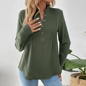 METAVERSMALL popular autumn and winter button V-neck solid color shirt  new versatile casual pullover shirt women