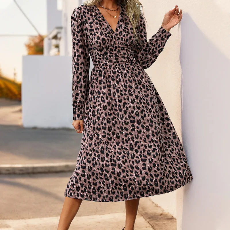 METAVERSMALL 's new leopard print long-sleeved dress, 2025  temperament commuting high-waisted V-neck women's long dress