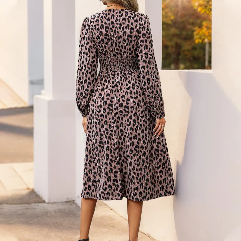 METAVERSMALL 's new leopard print long-sleeved dress, 2025  temperament commuting high-waisted V-neck women's long dress