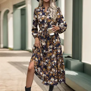 METAVERSMALL Yama New new autumn  women's clothing retro printing dress 2025 temperament elegant V-neck skirt women