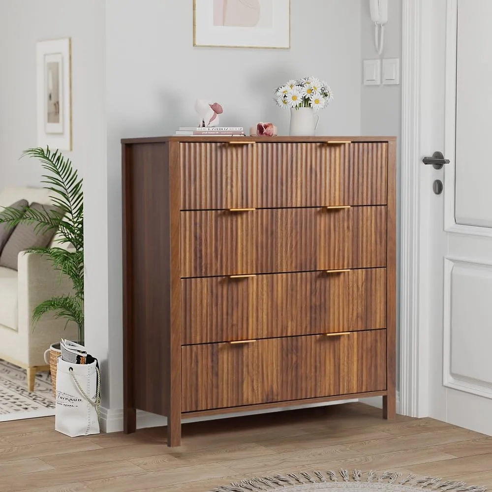 Mid Century Modern Dresser Farmhouse Wooden Storage Cabinet with 4 Drawers