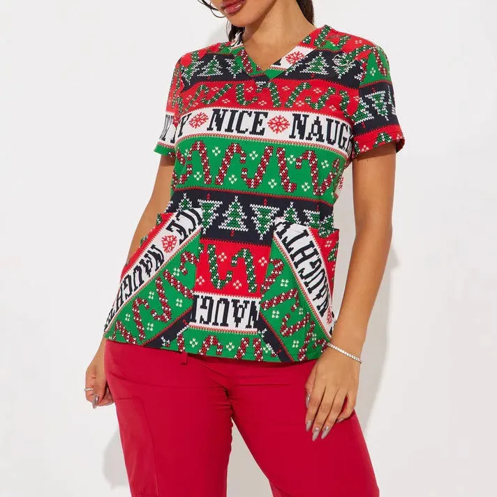 MOMENTLOVER New 2025 cross-border  Christmas series digital printing ethnic retro loose short-sleeved women's V-neck T-shirt