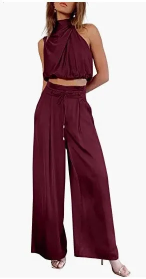 New Cross-Border E-Commerce Women's Casual Sleeveless Collar Two-Piece Suit Wide-Leg Pants for Summer Midriff-Baring Top