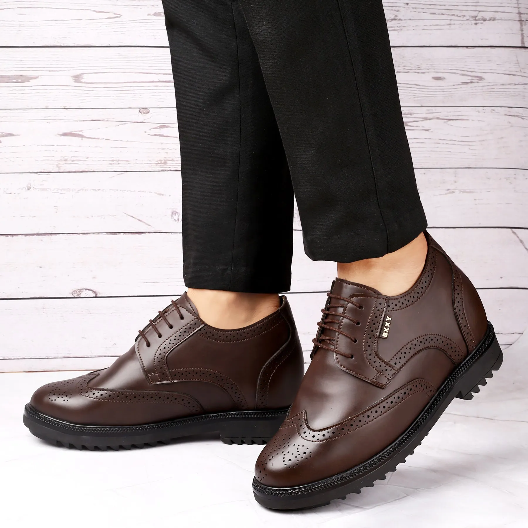 New Latest Men's 3.5 Inch Hidden Height Increasing Vegan Leather Brogue Shoes