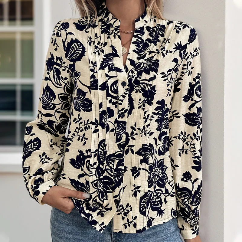 PEOPLETERRITORY  autumn new retro printed shirt small stand-up collar temperament elegant shirt top women