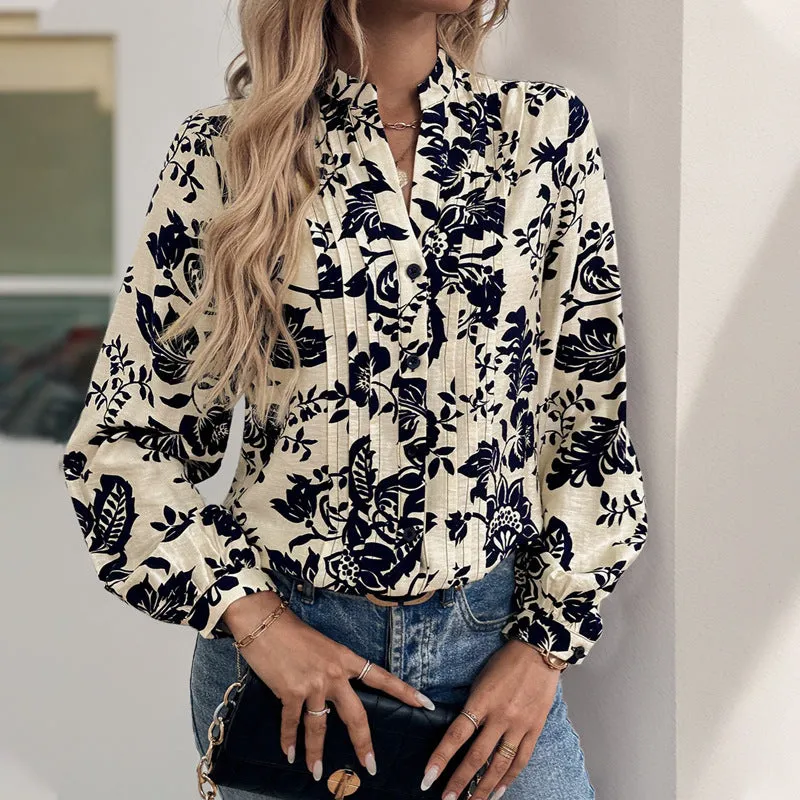 PEOPLETERRITORY  autumn new retro printed shirt small stand-up collar temperament elegant shirt top women