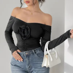 PEOPLETERRITORY Europe, America, autumn and winter off-the-shoulder sexy jumpsuit three-dimensional flower one-word shoulder slim autumn jumpsuit