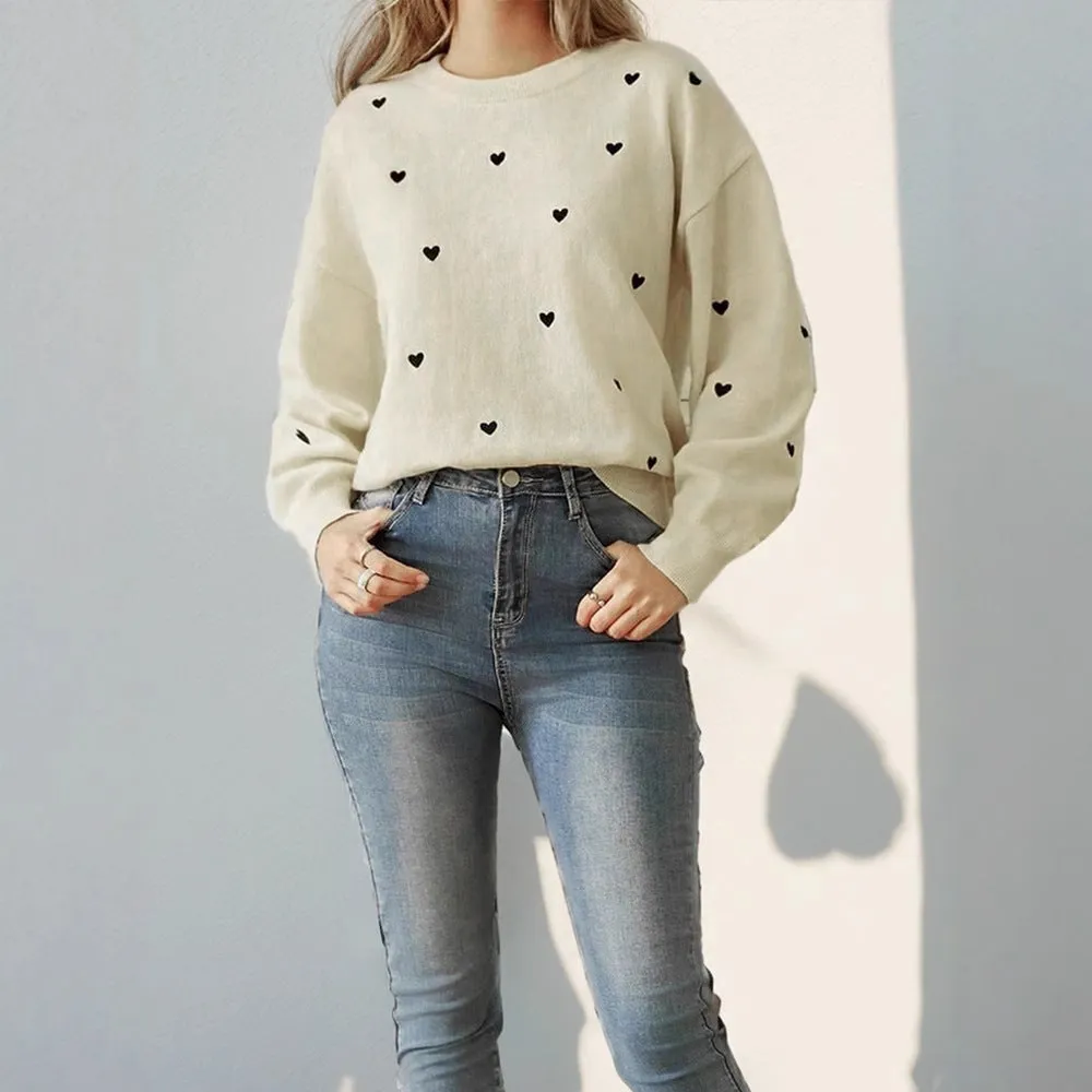 PEOPLETERRITORY hot sale Valentine's Day love crew neck sweater women's simple and versatile premium milk white pullover sweater