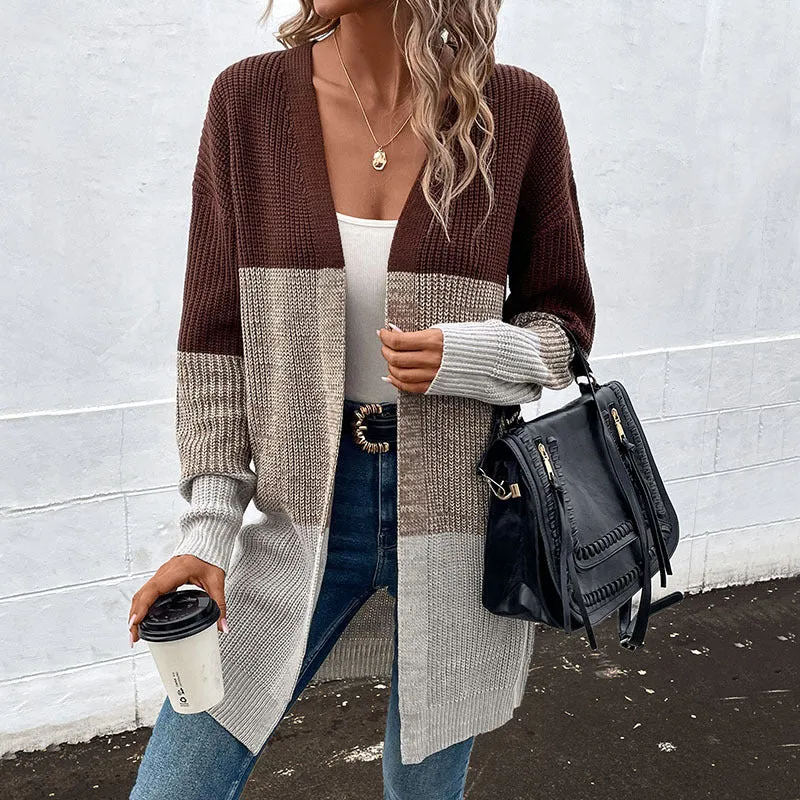 PEOPLETERRITORY  knitted jacket New autumn and winter new design contrast color medium and long sweater cardigan women