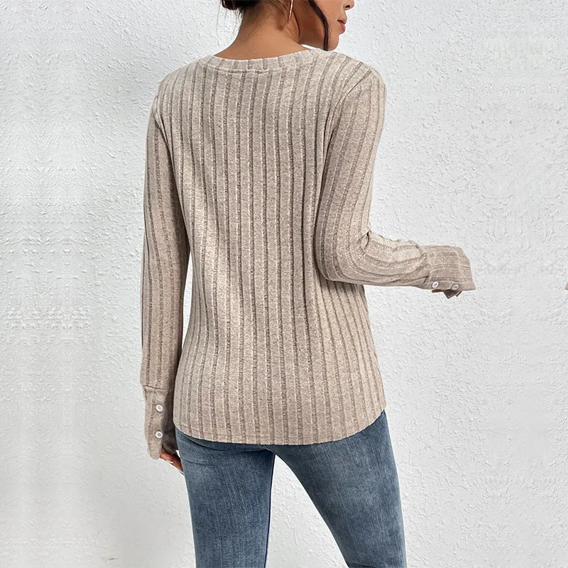 PEOPLETERRITORY   New autumn new product pullover slim T-shirt lace splicing V-neck texture pit strip knitted top