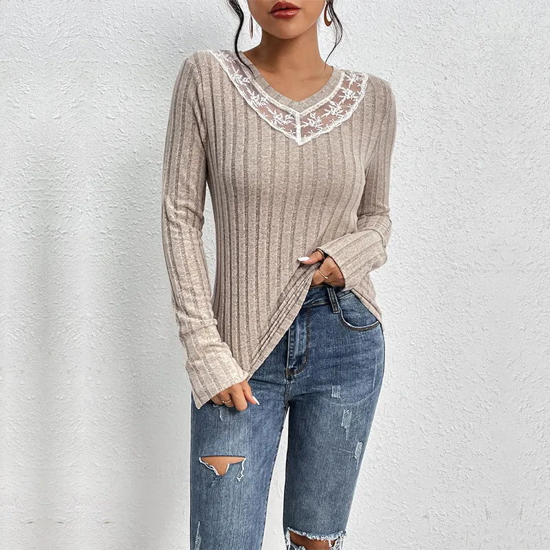 PEOPLETERRITORY   New autumn new product pullover slim T-shirt lace splicing V-neck texture pit strip knitted top