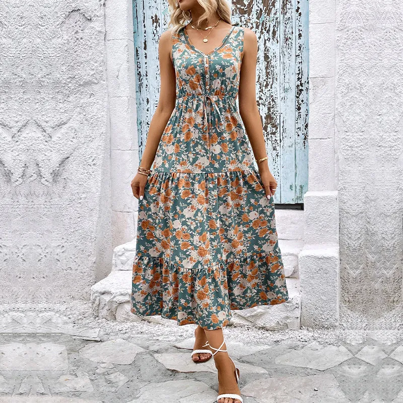 PEOPLETERRITORY New Hot Trade Long Dress New Summer New   Women's Printed Sleeveless Dress